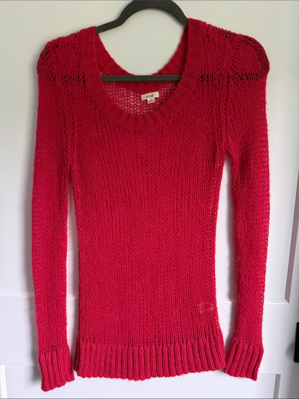 aerie Coral Open-Knit Scoop Crew Sweater
